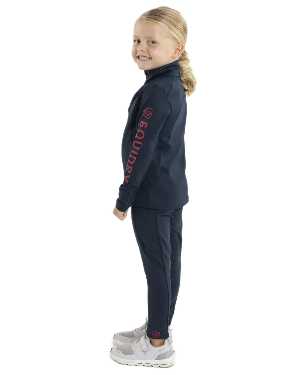 Navy Raspberry Coloured Equidry Childrens Water Repellent Full Seat Leggings on white background