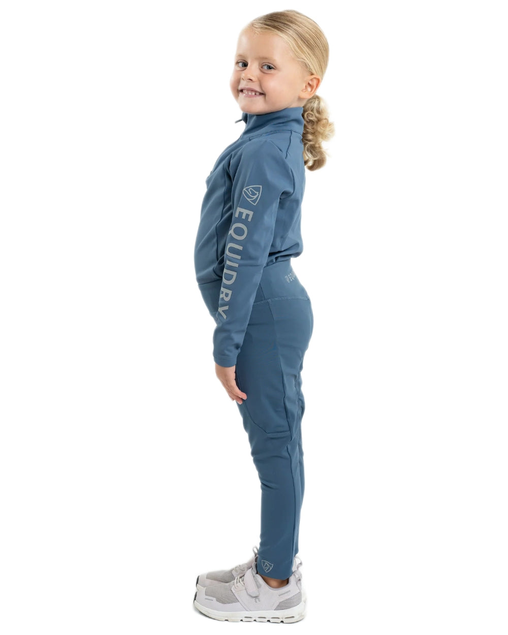 Steel Blue Silver Coloured Equidry Childrens Water Repellent Full Seat Leggings on white background