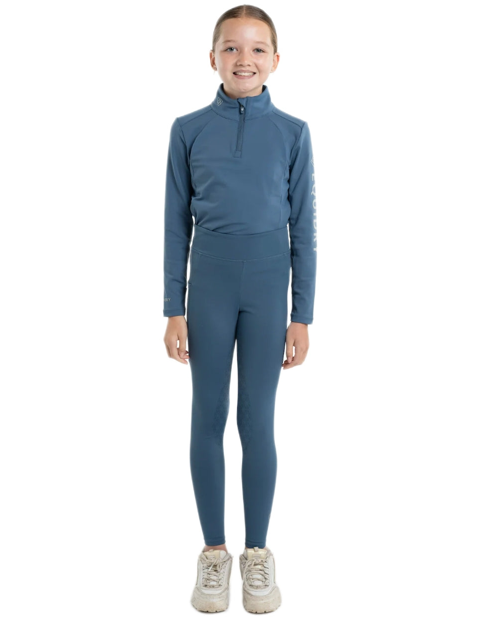 Steel Blue Silver Coloured Equidry Childrens Water Repellent Full Seat Leggings on white background