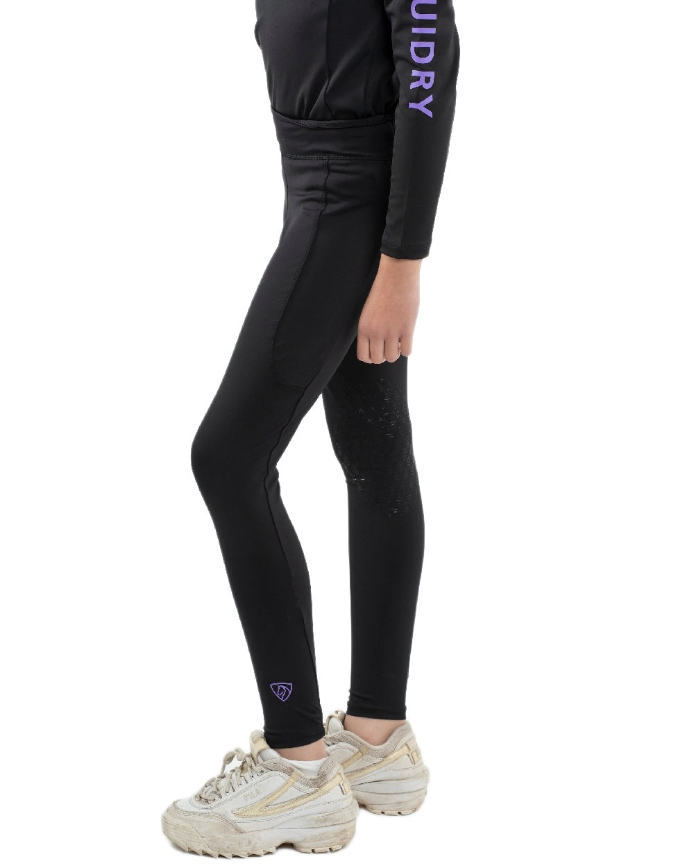 Black Lilac Coloured Equidry Childrens Water Repellent Knee Grip Leggings on white background