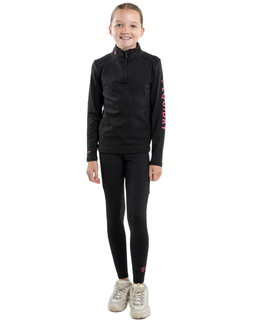 Black Peacock Pink Coloured Equidry Childrens Water Repellent Knee Grip Leggings on white background