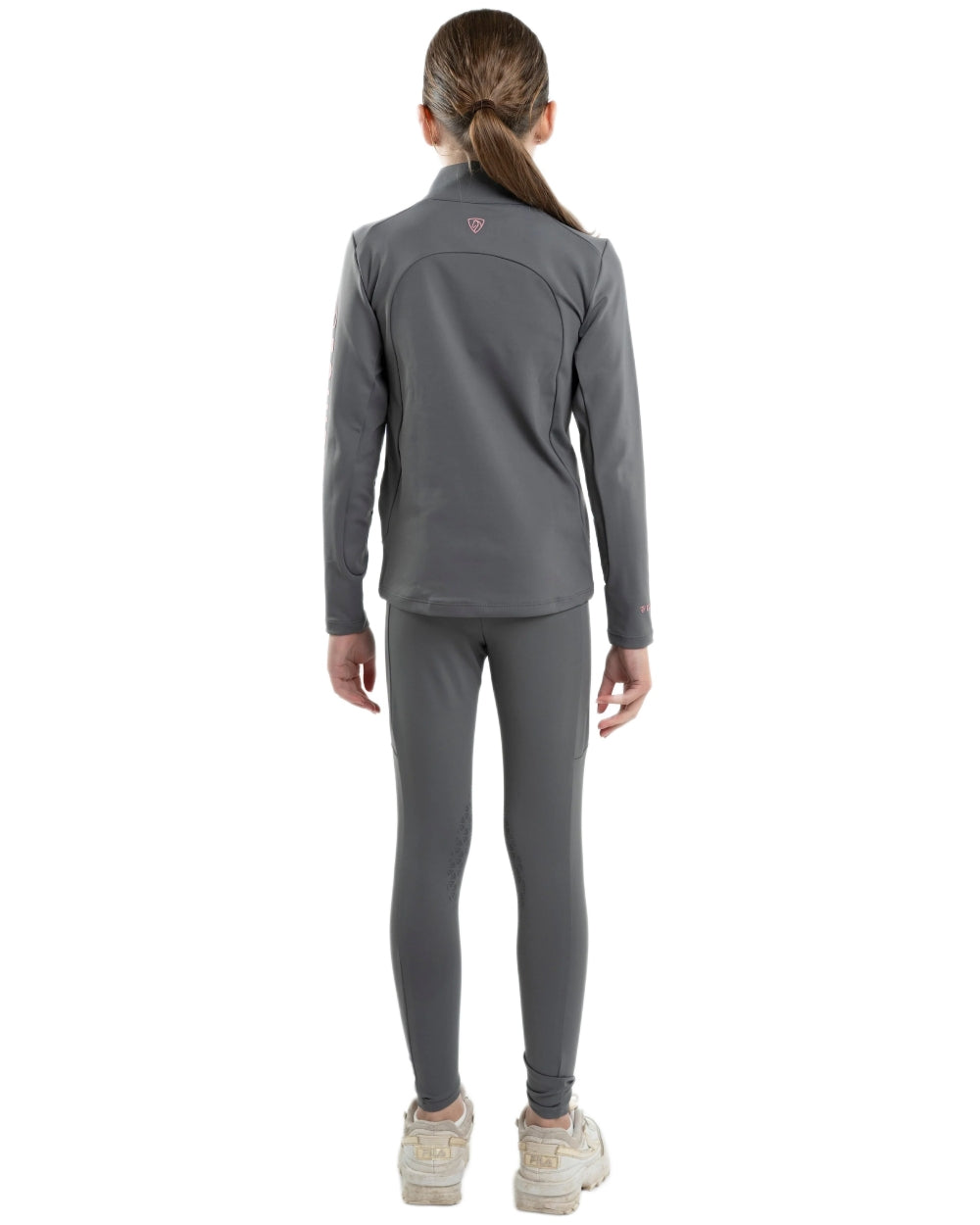 Grey Pale Pink Coloured Equidry Childrens Water Repellent Knee Grip Leggings on white background