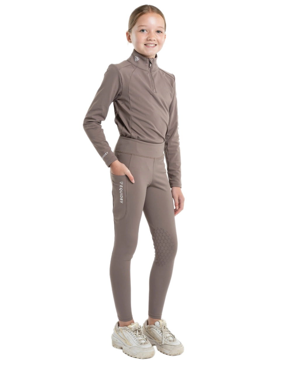 Mocha White Coloured Equidry Childrens Water Repellent Knee Grip Leggings on white background