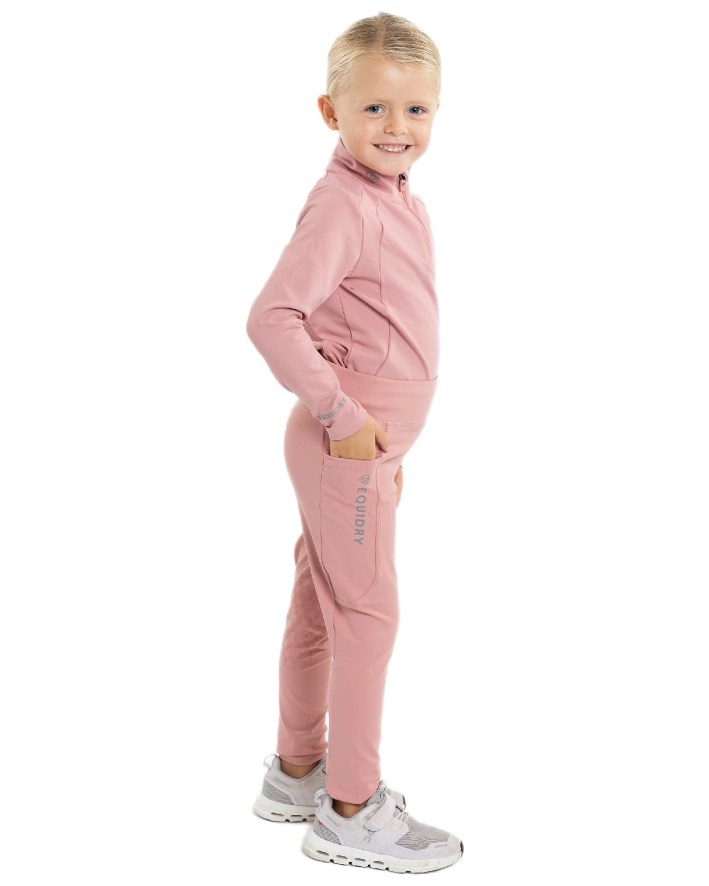 Pale Pink Grey Coloured Equidry Childrens Water Repellent Knee Grip Leggings on white background