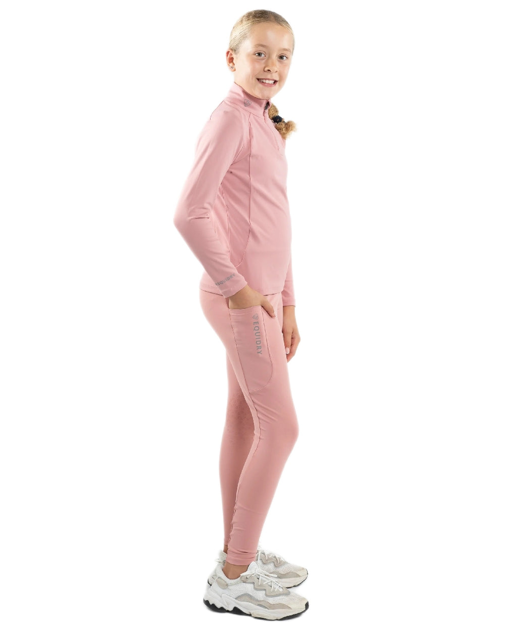 Pale Pink Grey Coloured Equidry Childrens Water Repellent Knee Grip Leggings on white background