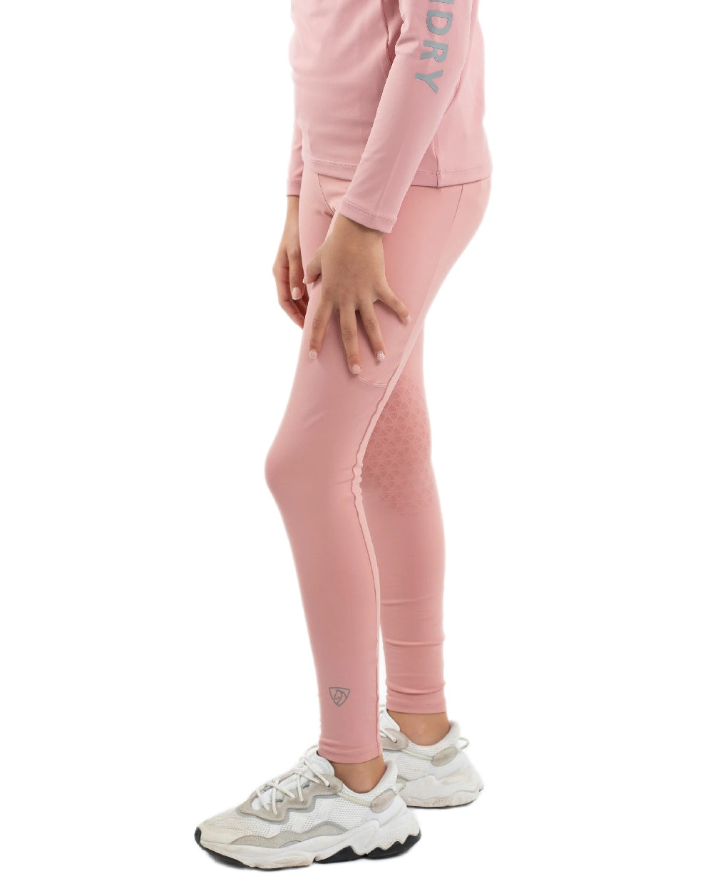 Pale Pink Grey Coloured Equidry Childrens Water Repellent Knee Grip Leggings on white background