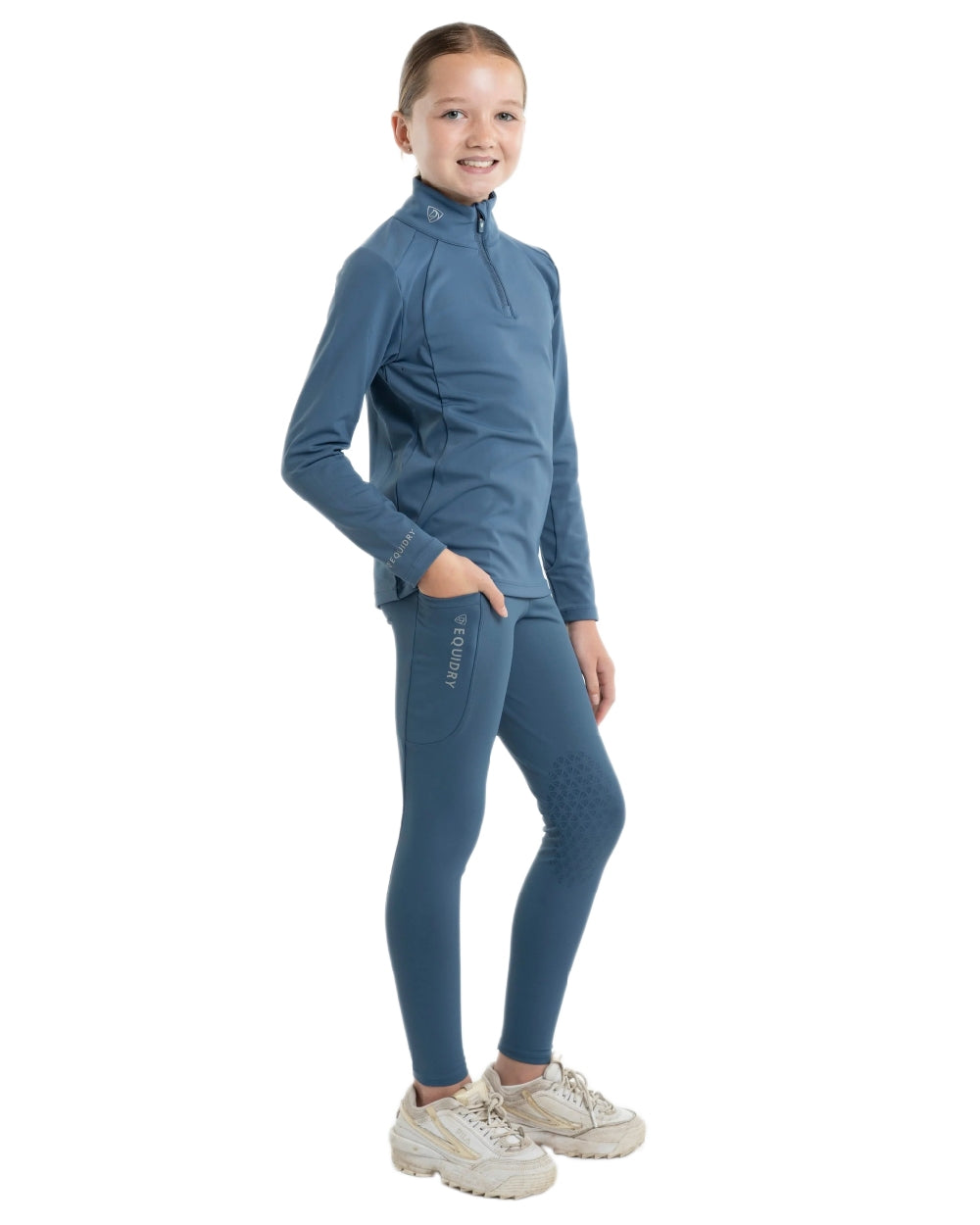 Steel Blue Grey Coloured Equidry Childrens Water Repellent Knee Grip Leggings on white background