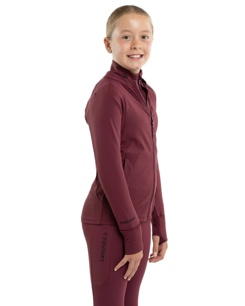 Plum Black Coloured Equidry Childrens Water Repellent Zip Up Top on white background