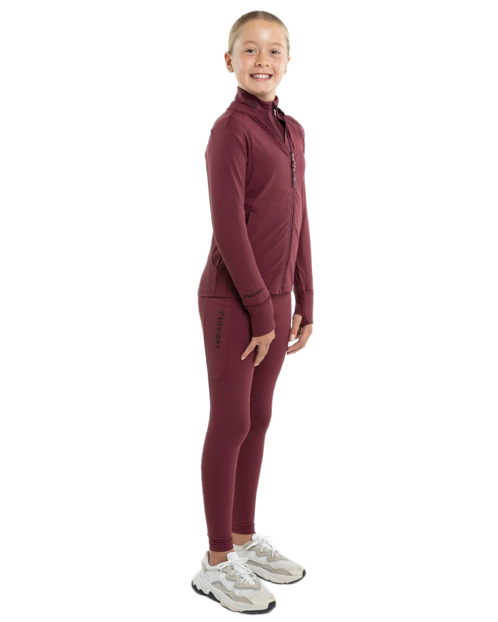 Plum Black Coloured Equidry Childrens Water Repellent Zip Up Top on white background