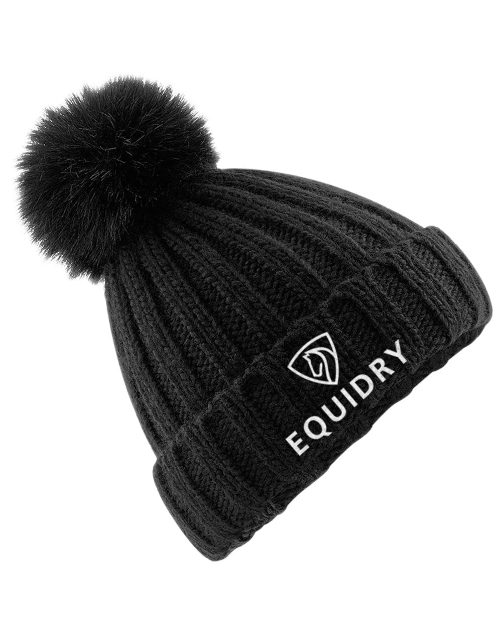 Black coloured Equidry Chunky Pom Pom Bobble Hat on white background