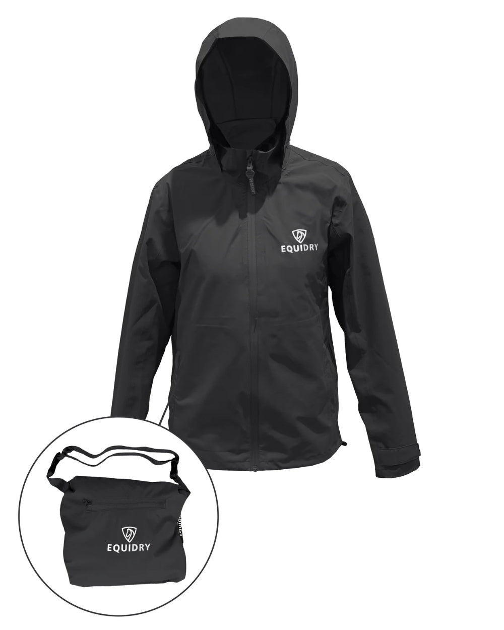 Black coloured Equidry Mens Nimbus Pack Away Jacket With Stowaway Hood on white background