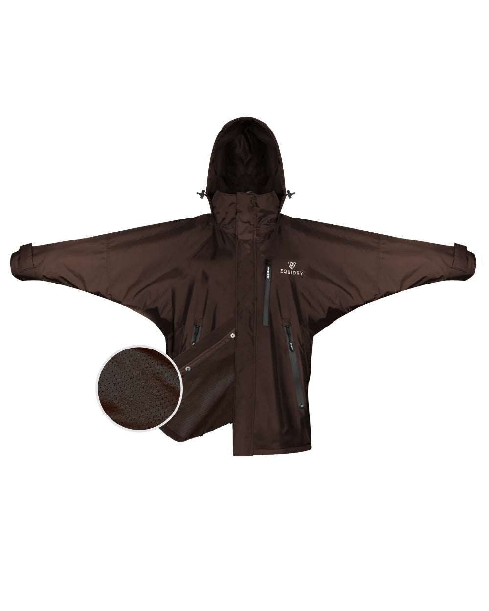 Rich Brown coloured Equidry Mens Equimac Shortie With Stowaway Hood on white background