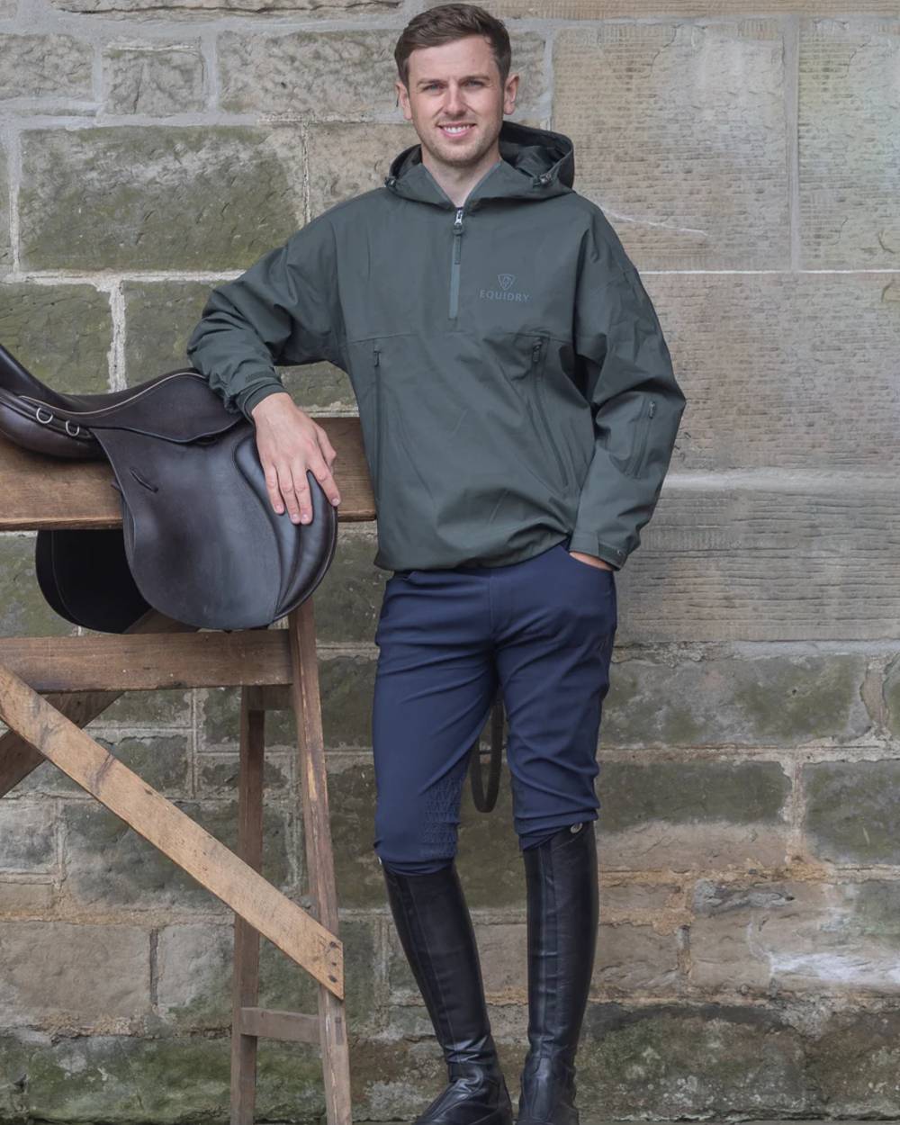 Black Forest Green coloured Equidry Mens Storm Smock With Velour Lining on outdoor background