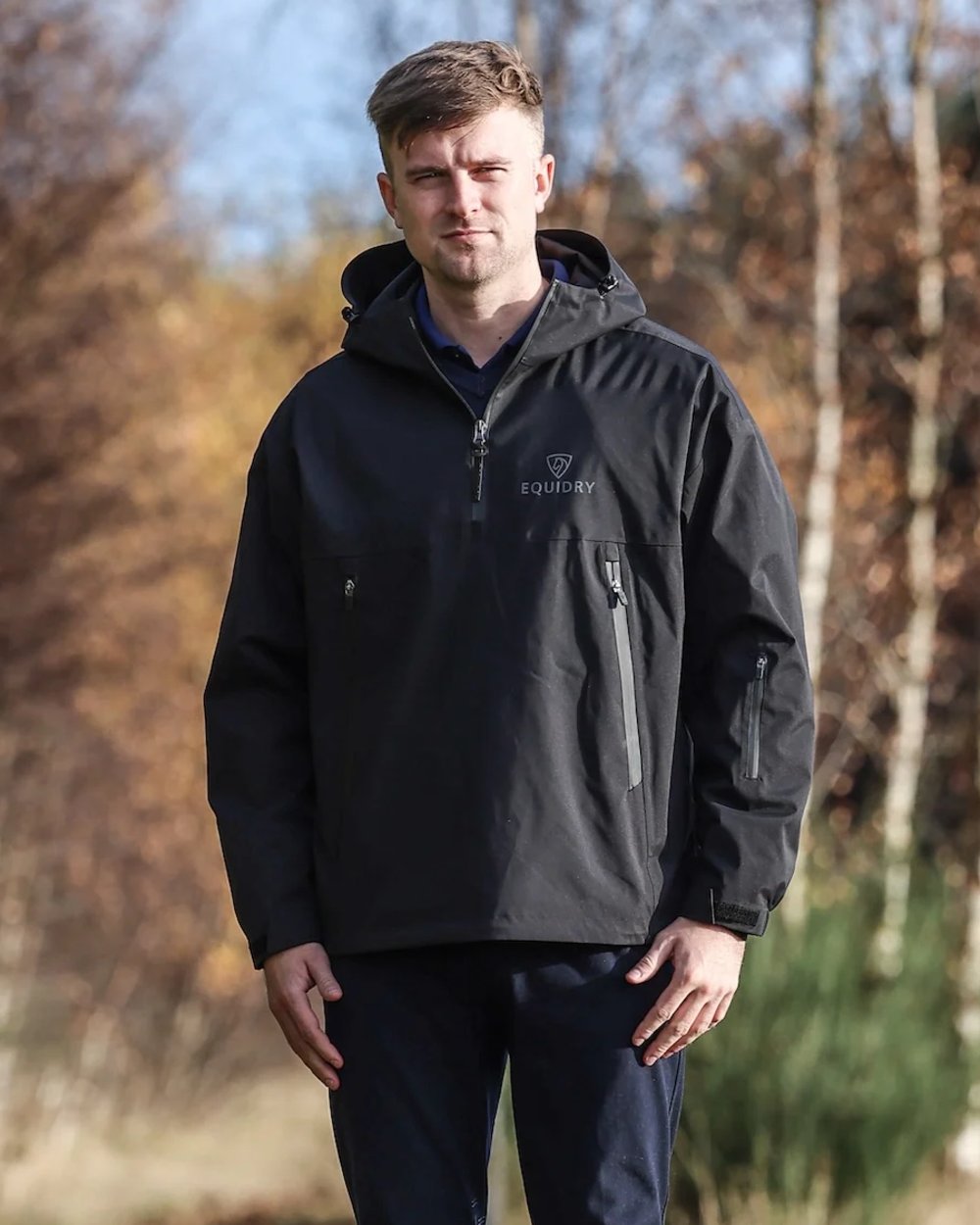 Black coloured Equidry Mens Storm Smock With Velour Lining on outdoor background