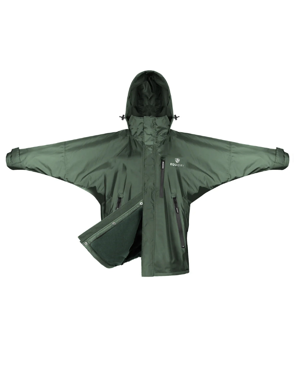 Black Forest Green coloured Equidry Mens Thin Fleece Shortie Jacket With Stowaway Hood on White background