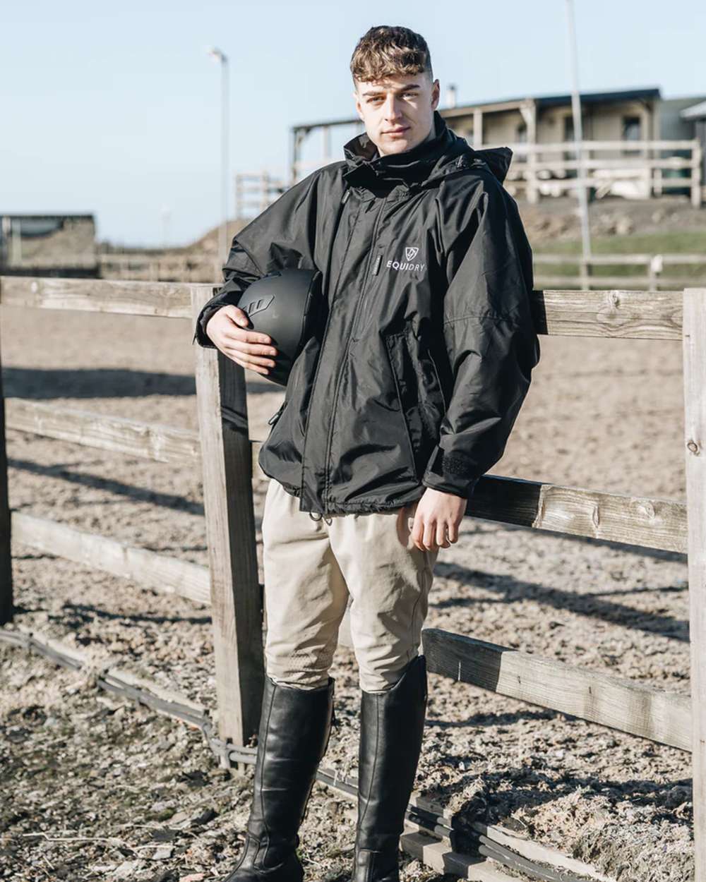 Black coloured Equidry Mens Thin Fleece Shortie Jacket With Stowaway Hood on outdoor background