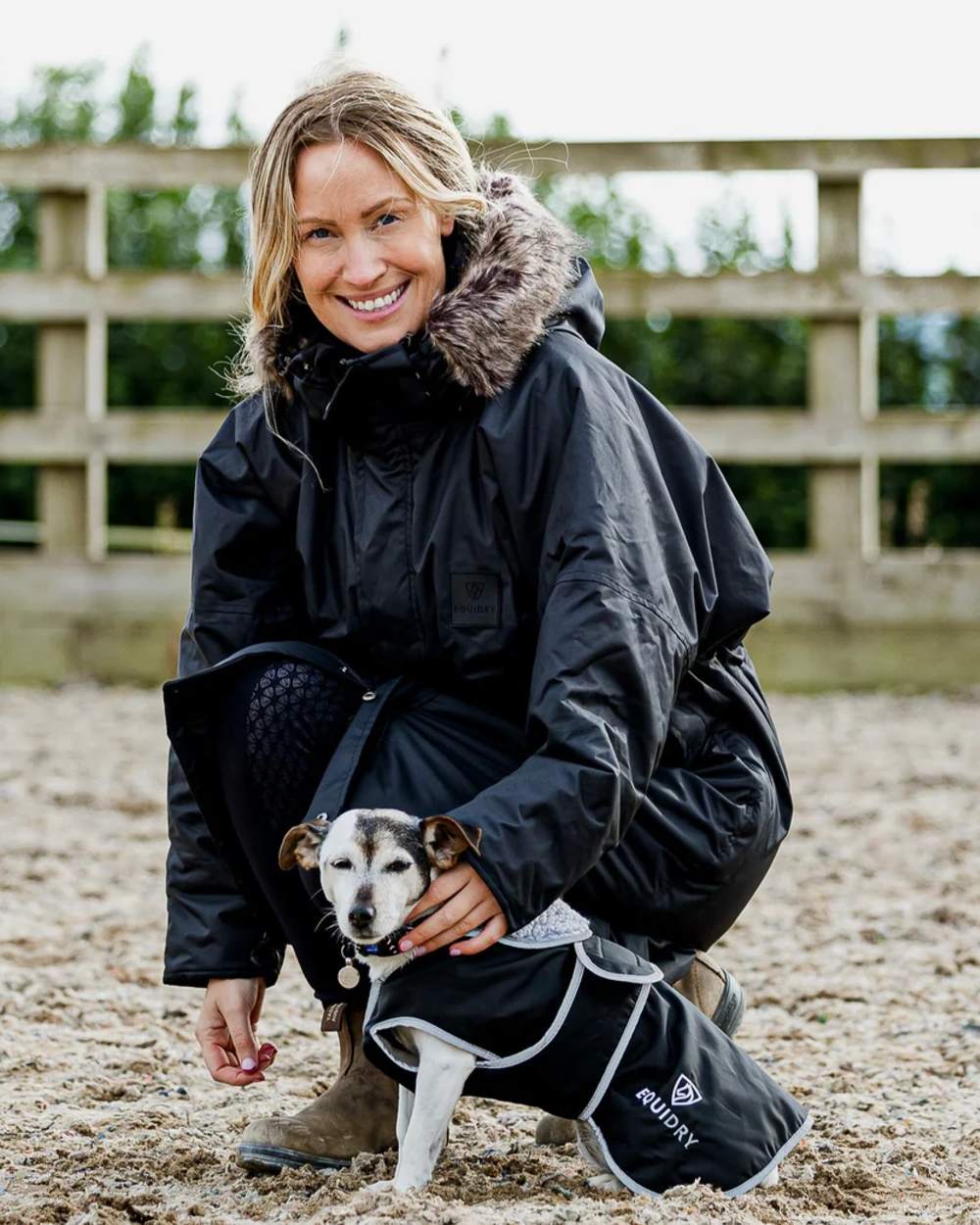 Black Grey coloured Equidry Microfibre Fleece Waterproof Dog Coat on outdoor background