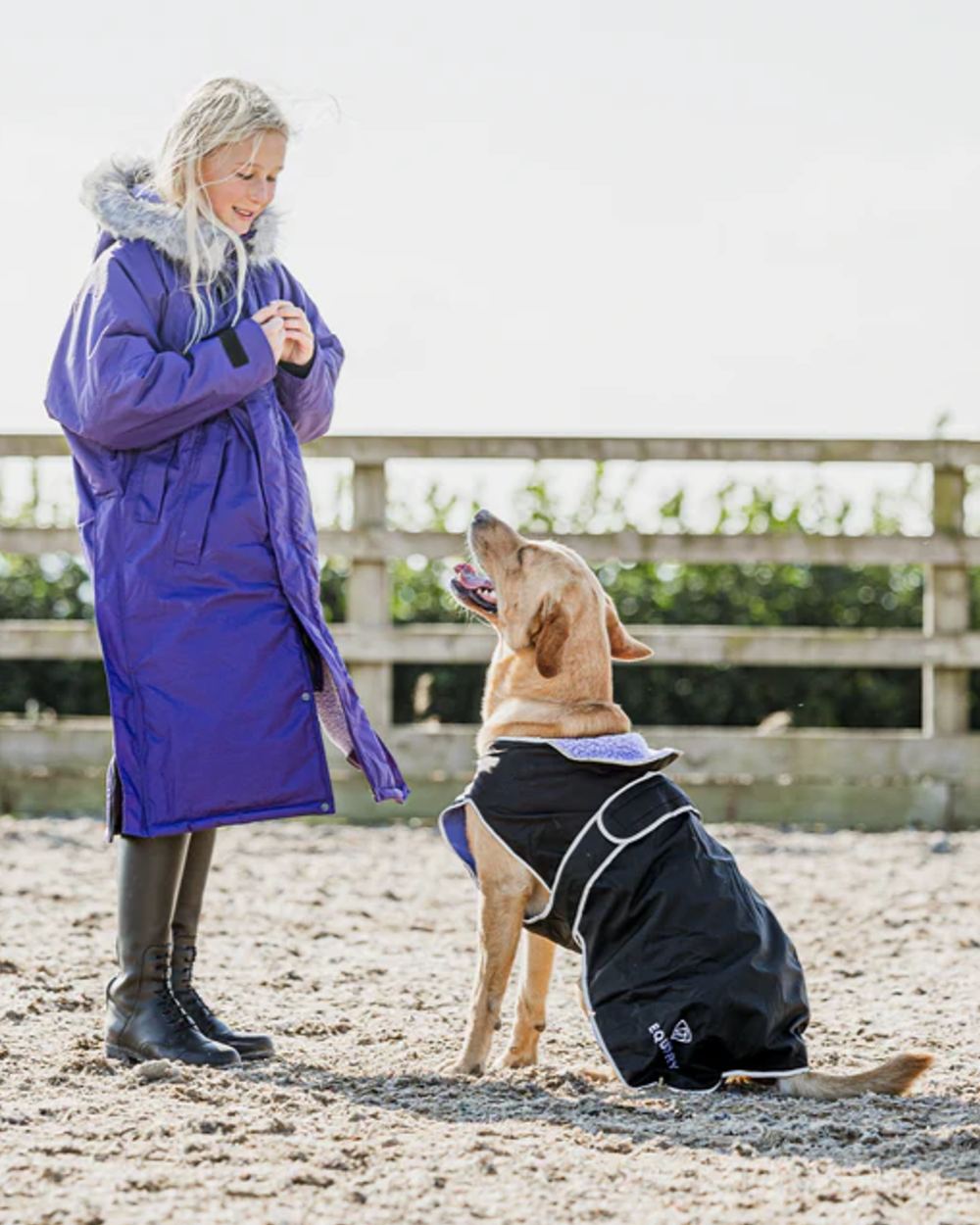 Black Lilac coloured Equidry Microfibre Fleece Waterproof Dog Coat on outdoor background