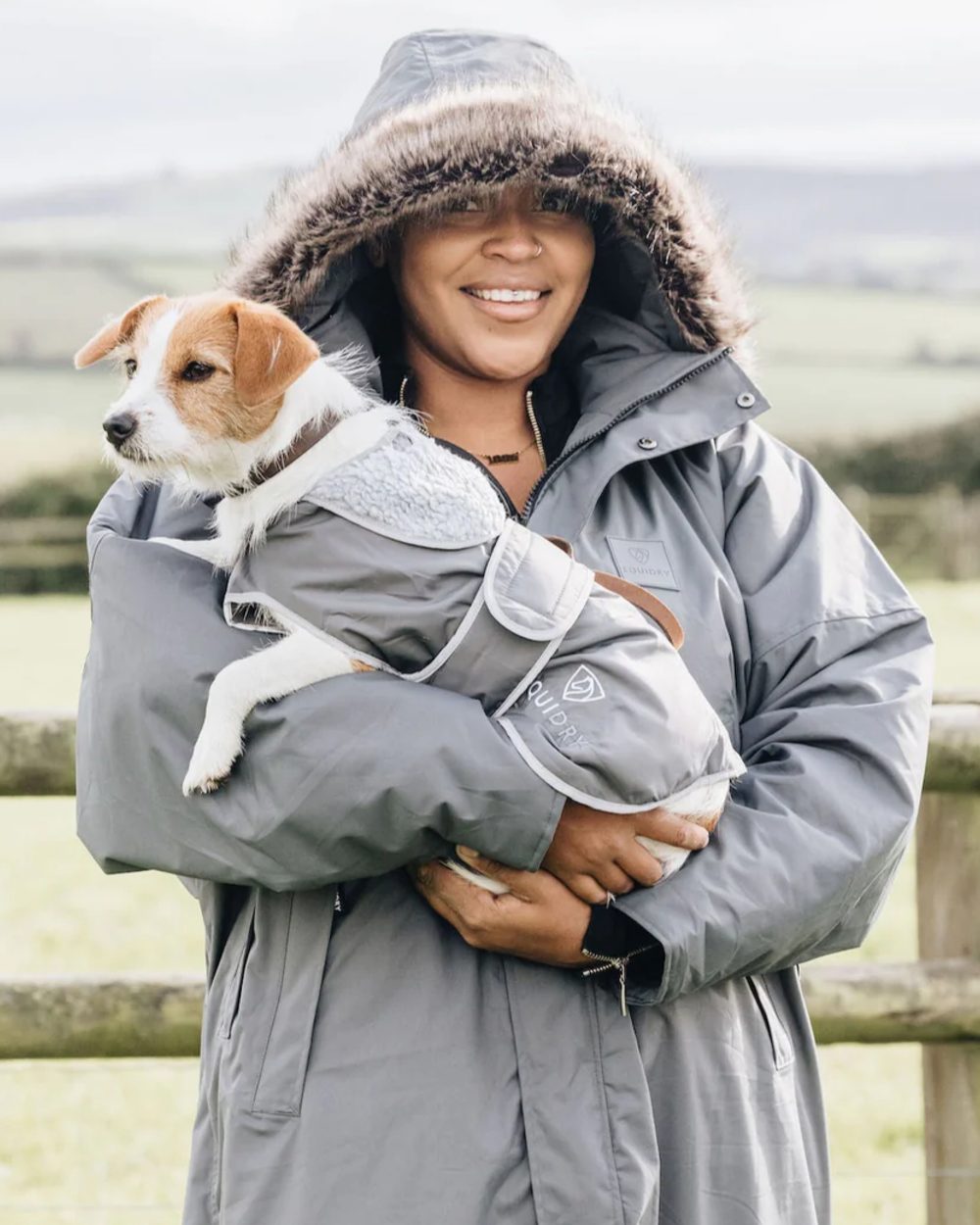 Charcoal Grey coloured Equidry Microfibre Fleece Waterproof Dog Coat on outdoor background