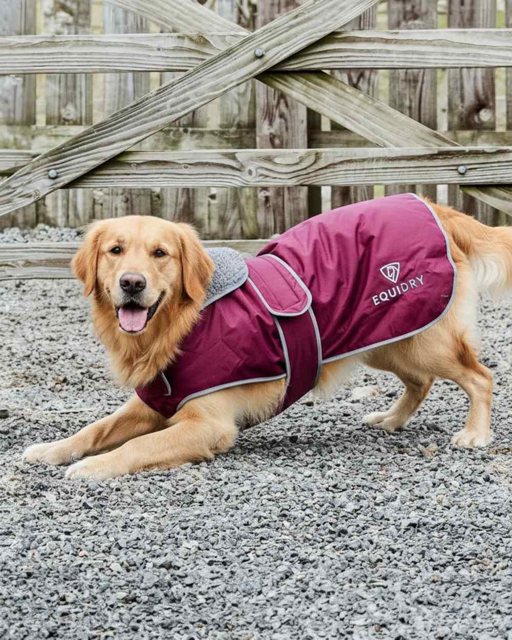 Plum Charcoal coloured Equidry Microfibre Fleece Waterproof Dog Coat on field background