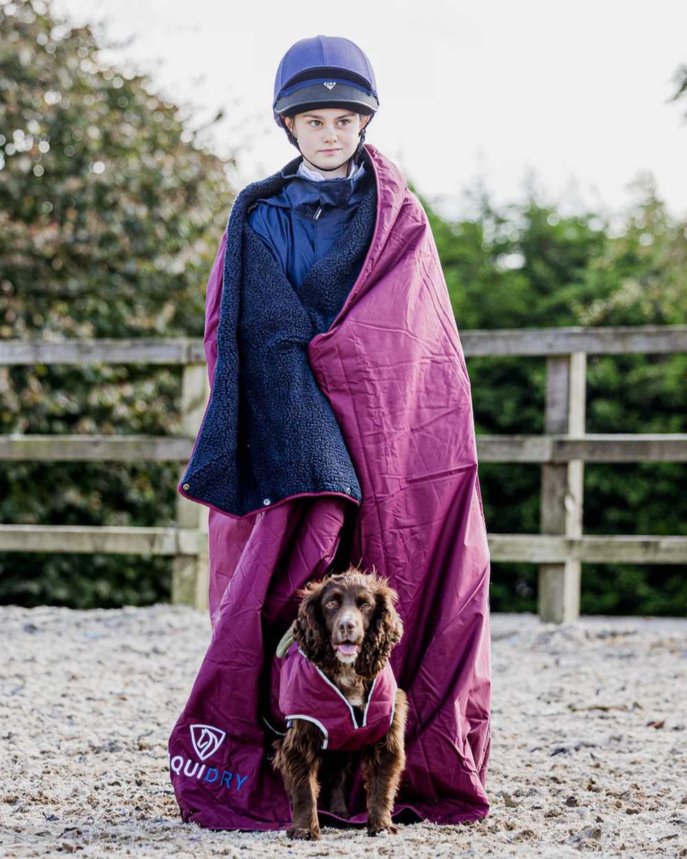 Plum Charcoal coloured Equidry Microfibre Fleece Waterproof Dog Coat on outdoor background