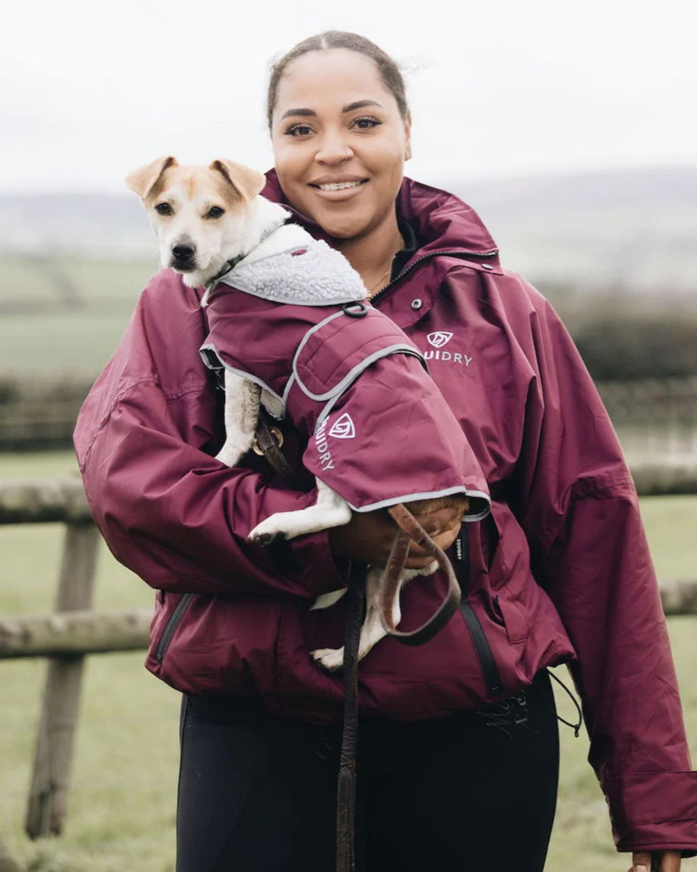 Plum Grey coloured Equidry Microfibre Fleece Waterproof Dog Coat on outdoor background