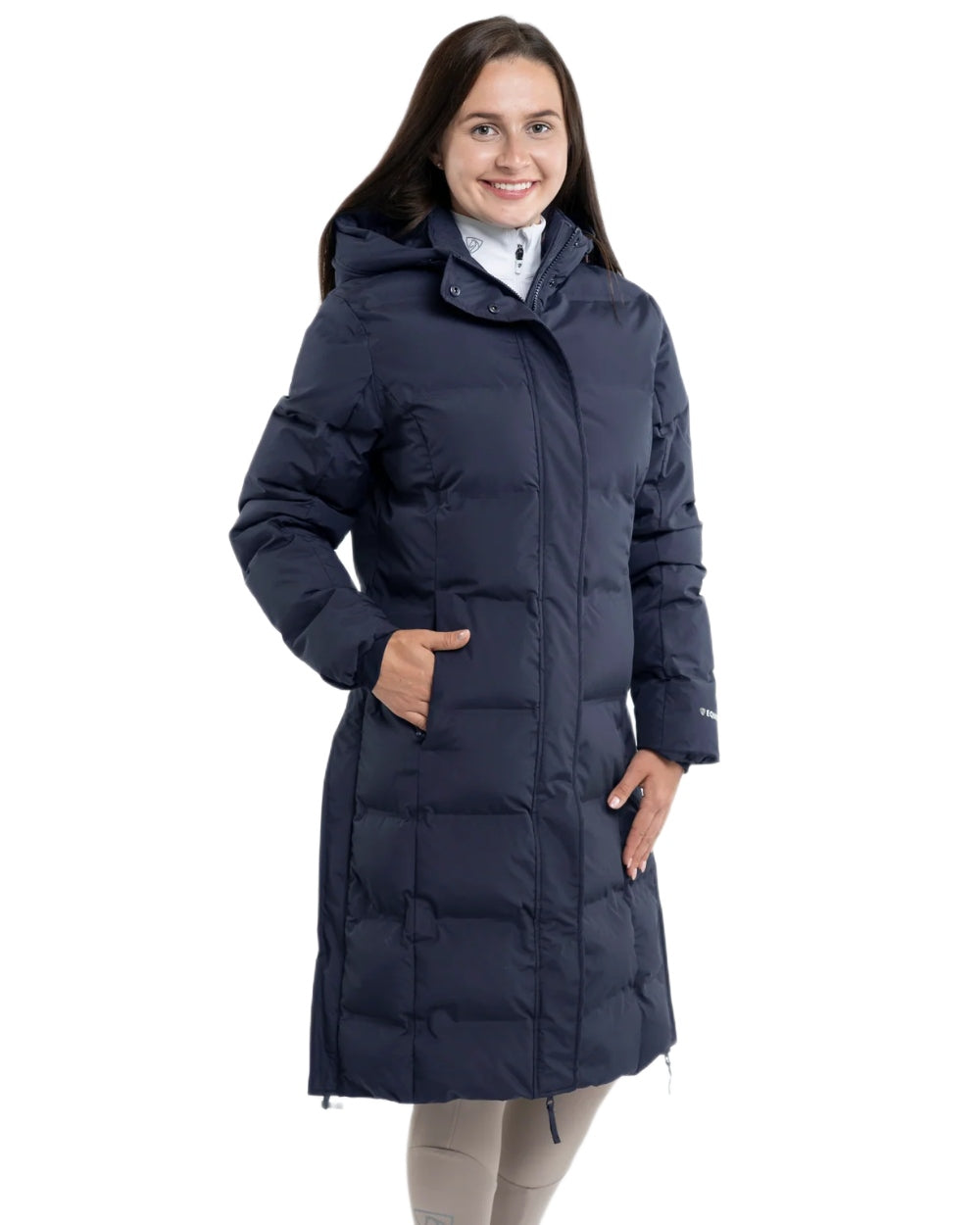 Navy coloured Equidry Thora Waterproof Riding Puffer Coat With Hood on white background