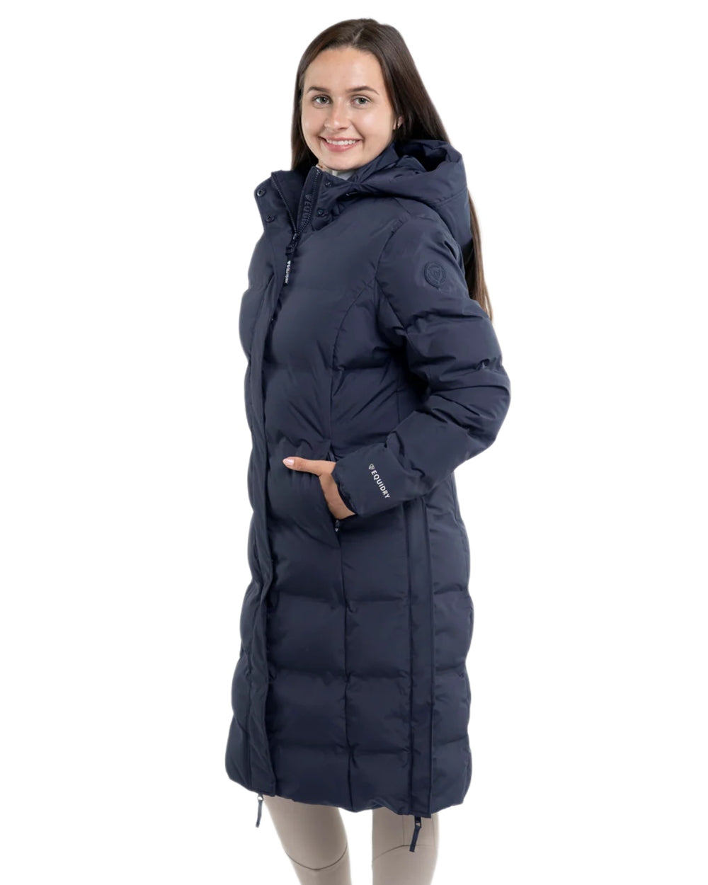Navy coloured Equidry Thora Waterproof Riding Puffer Coat With Hood on white background