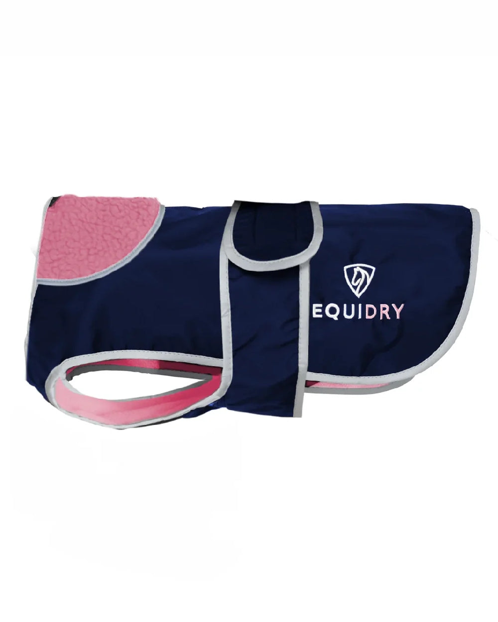Navy Penelope Pink coloured Equidry Microfibre Fleece Waterproof Dog Coat on white background