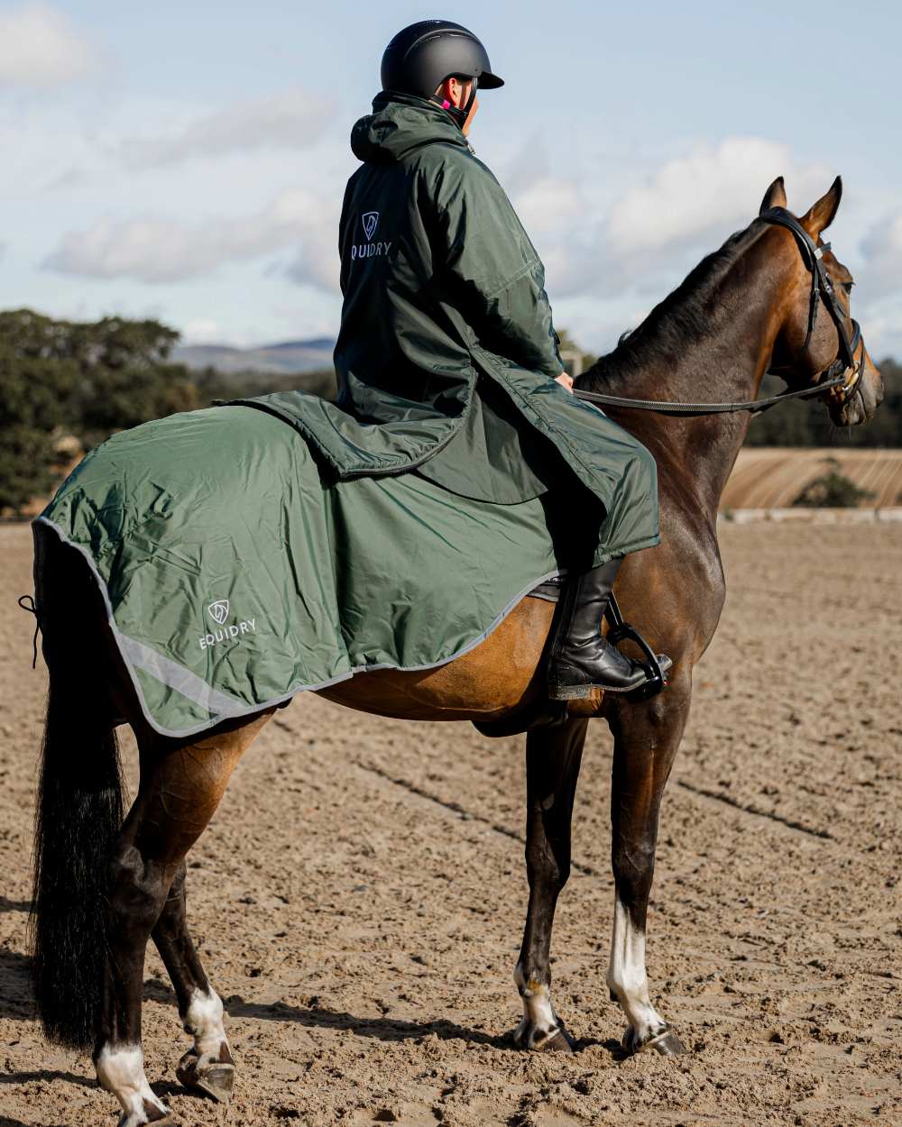 Black Forest Green Grey Coloured Equidry Waterproof Thick Fleece Lined Exercise Sheet on outdoor background