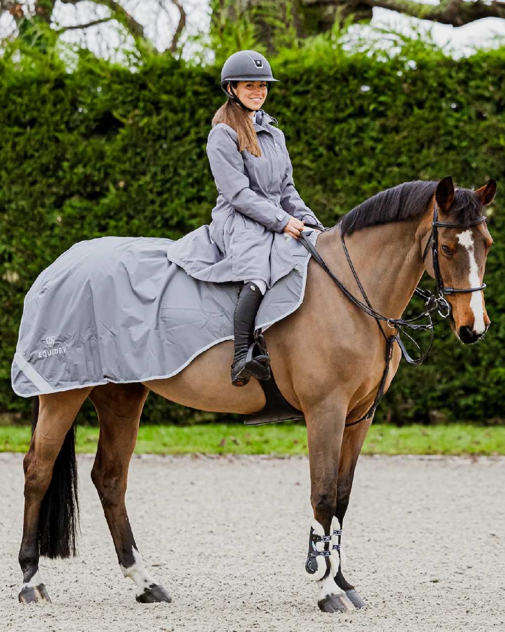 Charcoal Grey Coloured Equidry Waterproof Thick Fleece Lined Exercise Sheet on outdoor background
