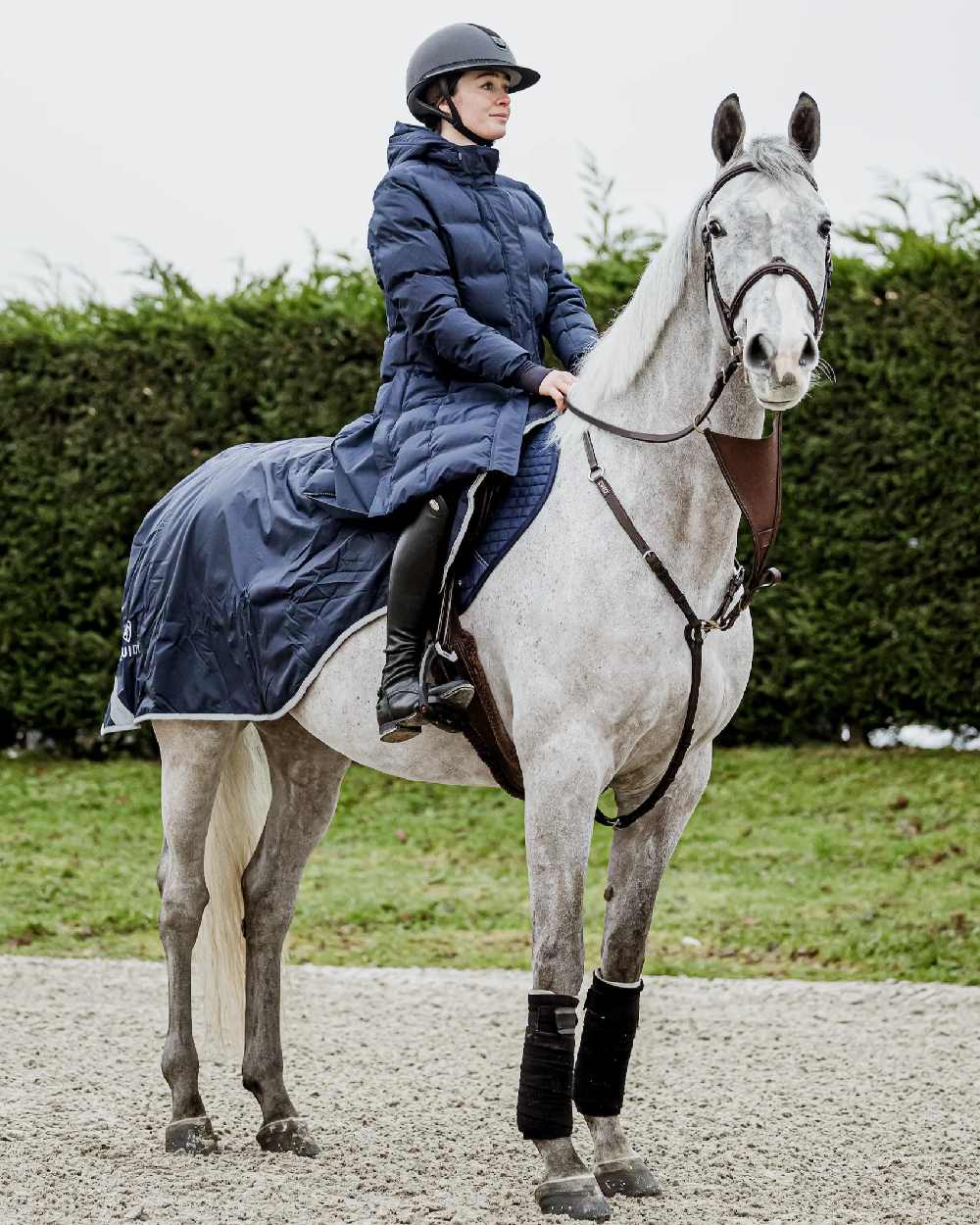 Dark Navy Coloured Equidry Waterproof Thick Fleece Lined Exercise Sheet on outdoor background