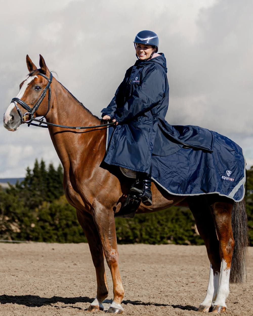 Navy Pale Pink Coloured Equidry Waterproof Thick Fleece Lined Exercise Sheet on outdoor background