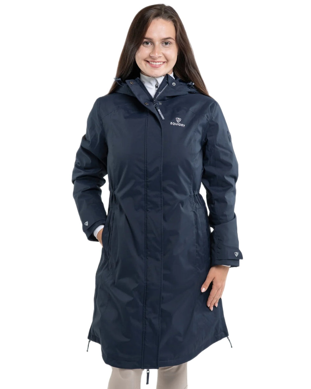 Navy coloured Equidry Womens Bronte Riding Coat on white background