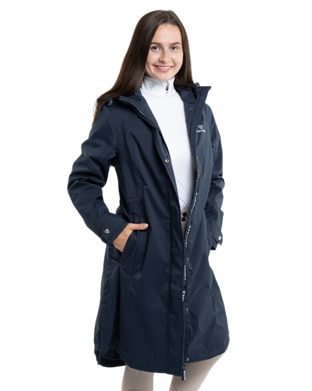 Navy coloured Equidry Womens Bronte Riding Coat on white background