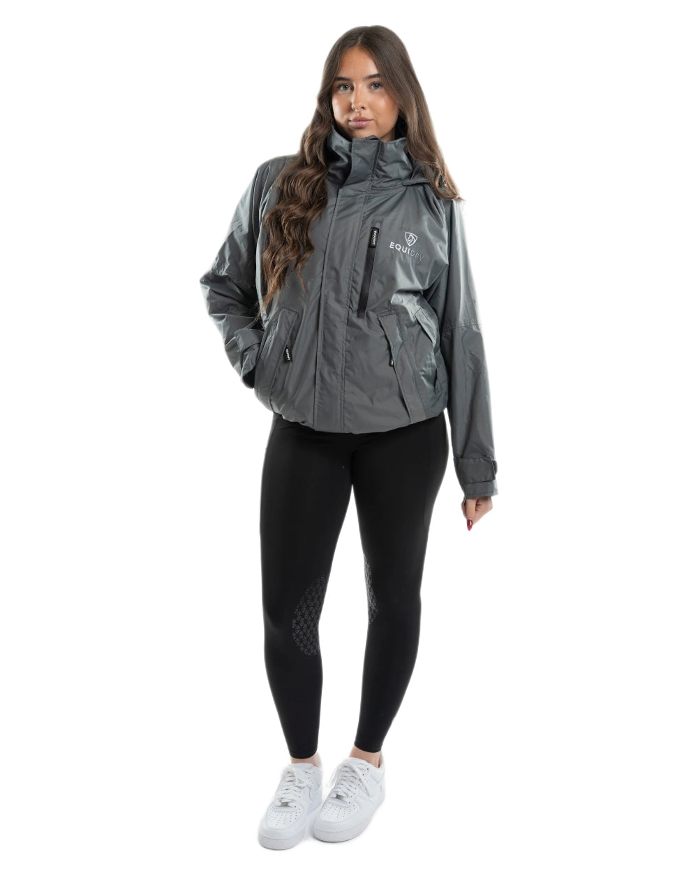Charcoal coloured Equidry Womens Equimac Shortie With Stowaway Hood on white background
