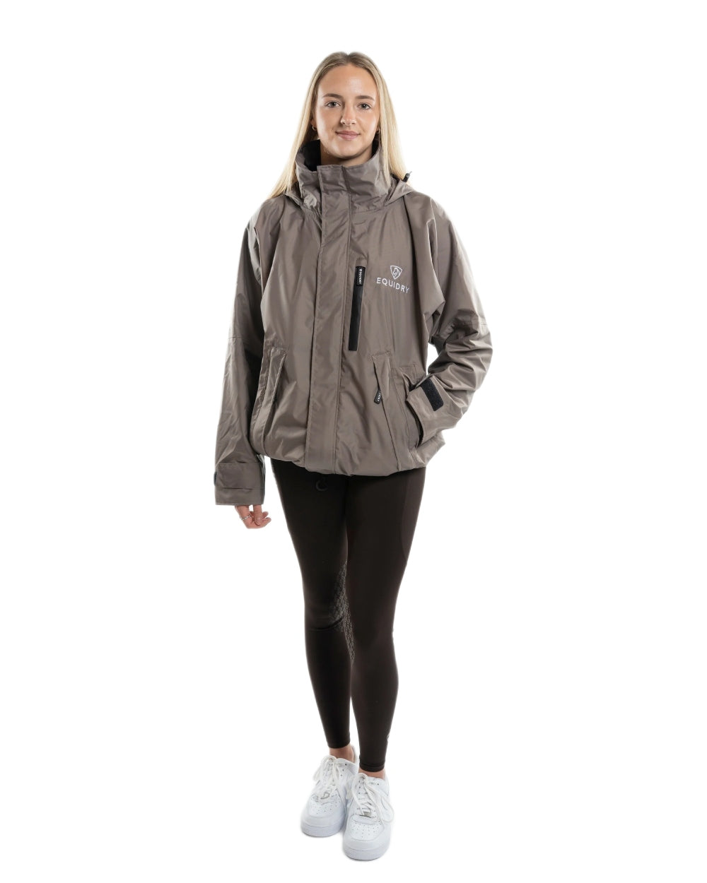 Mocha coloured Equidry Womens Equimac Shortie With Stowaway Hood on white background