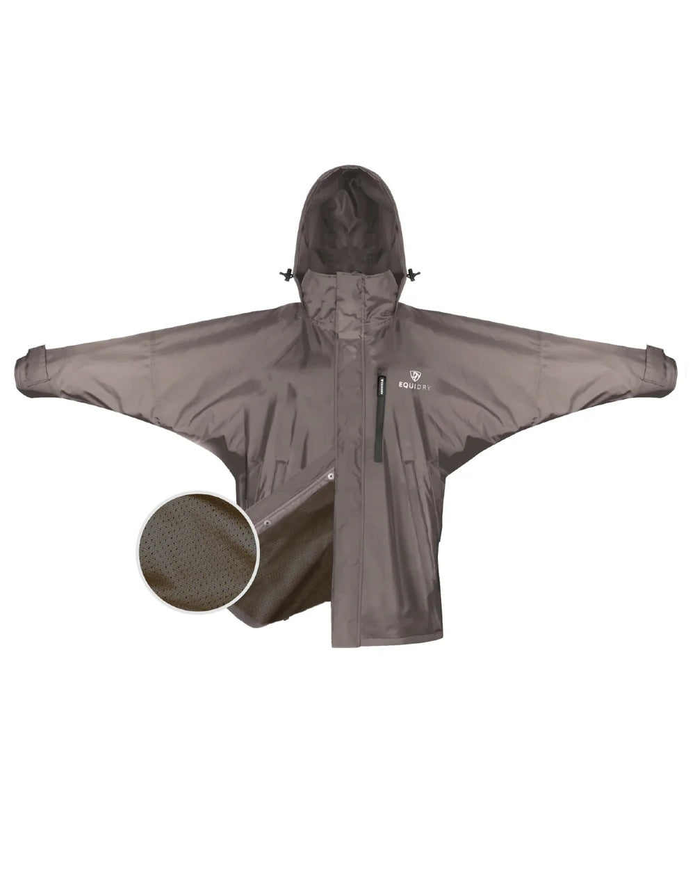 Mocha coloured Equidry Womens Equimac Shortie With Stowaway Hood on white background