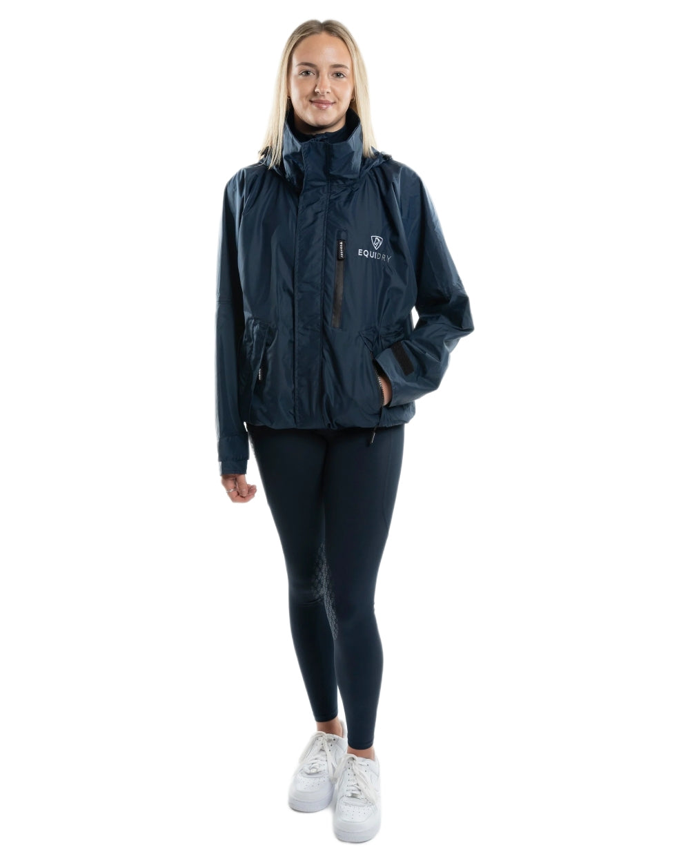 Navy coloured Equidry Womens Equimac Shortie With Stowaway Hood on white background