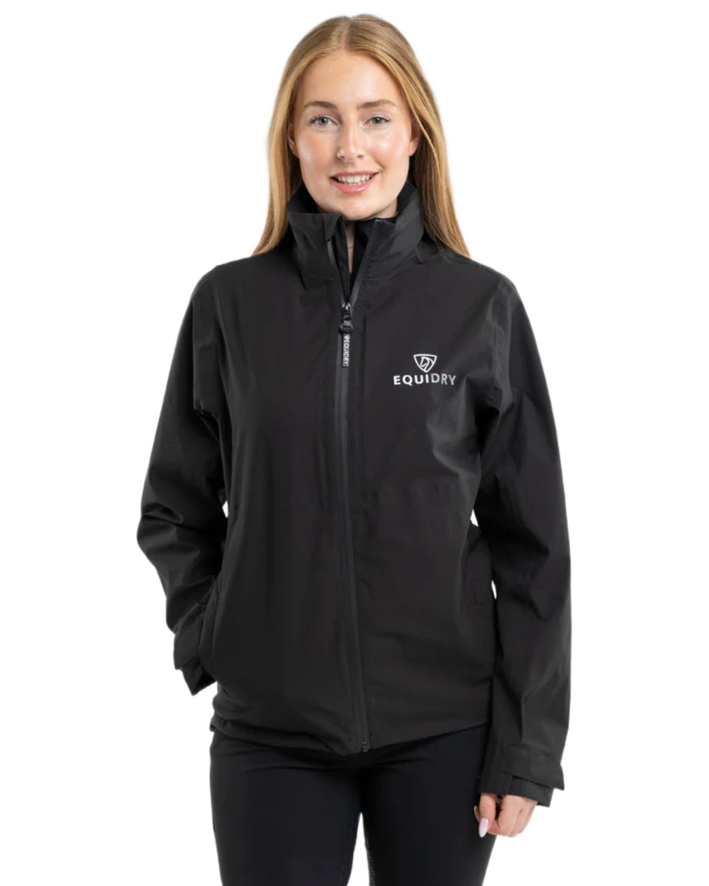 Black coloured Equidry Womens Nimbus Pack Away Jacket with Stowaway Hood on white background