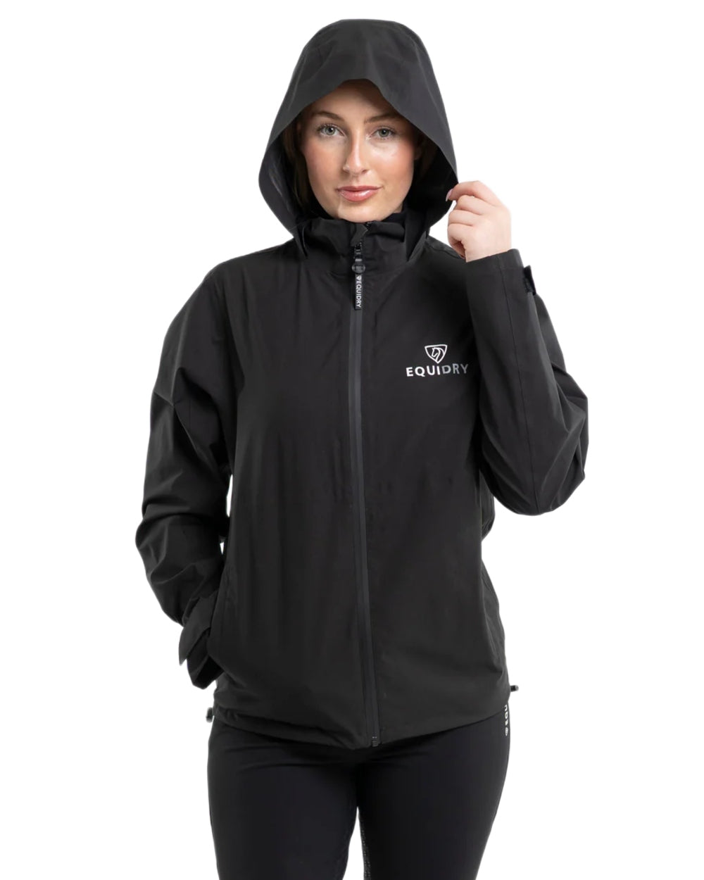 Black coloured Equidry Womens Nimbus Pack Away Jacket with Stowaway Hood on white background