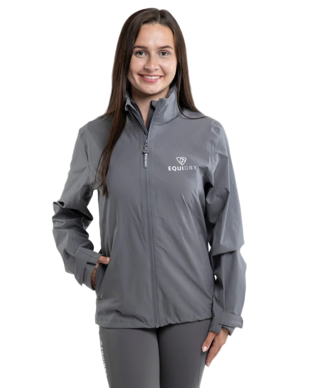 Charcoal coloured Equidry Womens Nimbus Pack Away Jacket with Stowaway Hood on white background