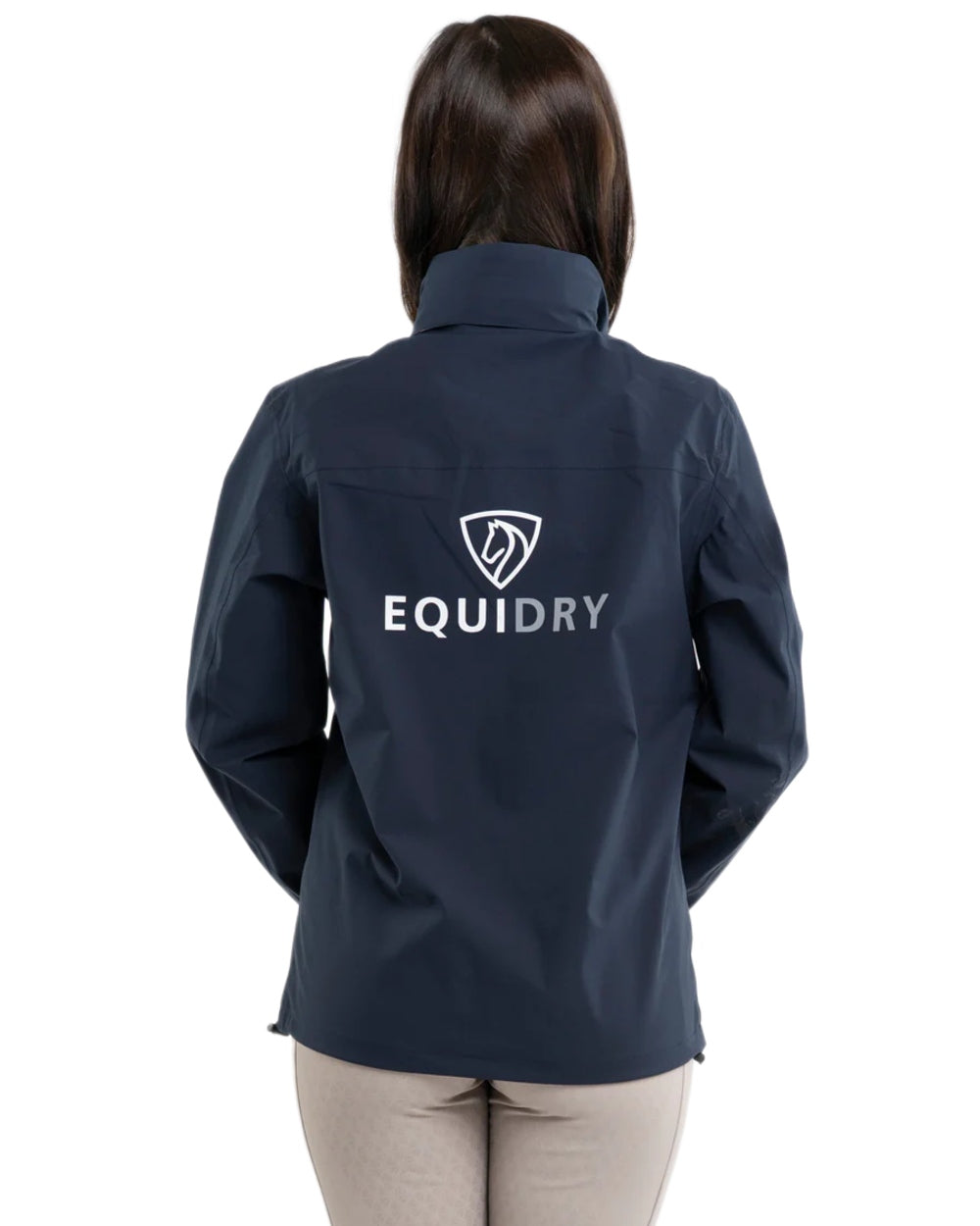 Navy coloured Equidry Womens Nimbus Pack Away Jacket with Stowaway Hood on white background