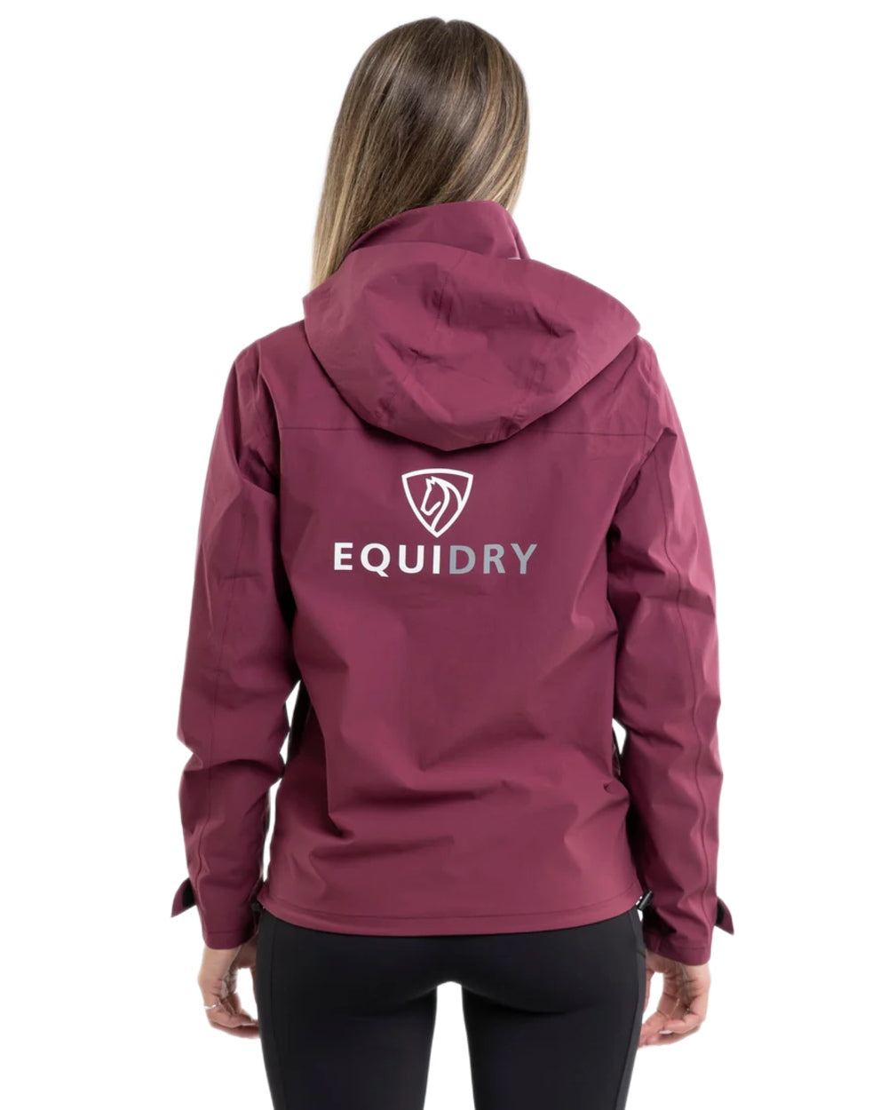 Plum coloured Equidry Womens Nimbus Pack Away Jacket with Stowaway Hood on white background