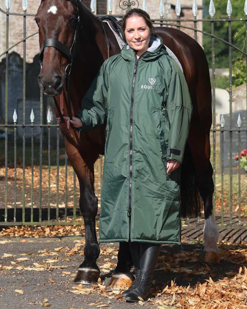 Black Forest Green coloured Equidry Womens Original All Rounder Waterproof Coat on outdoor background