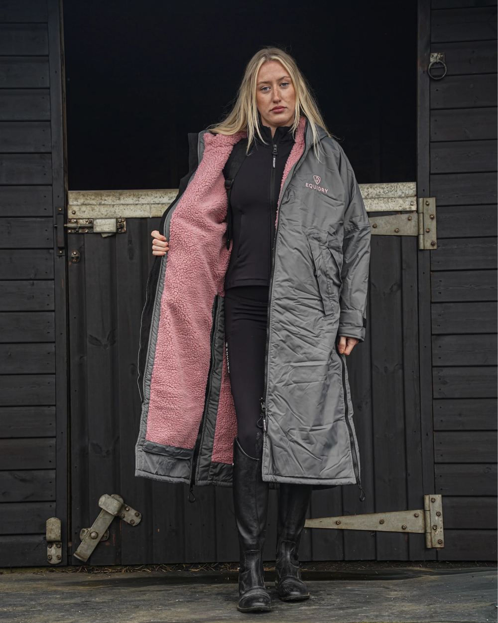 Charcoal Pink coloured Equidry Womens Original All Rounder Waterproof Coat on outdoor background