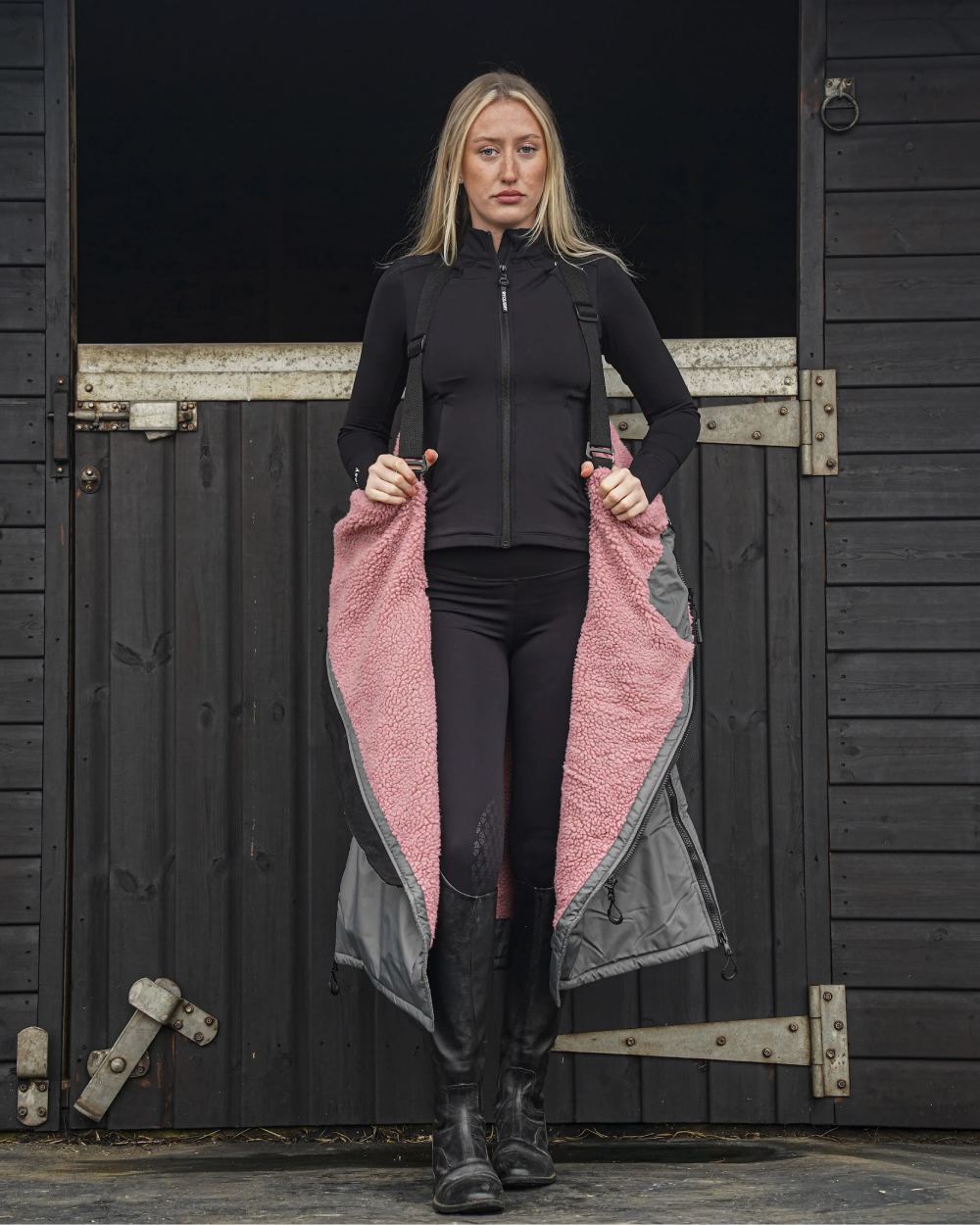 Charcoal Pink coloured Equidry Womens Original All Rounder Waterproof Coat on outdoor background