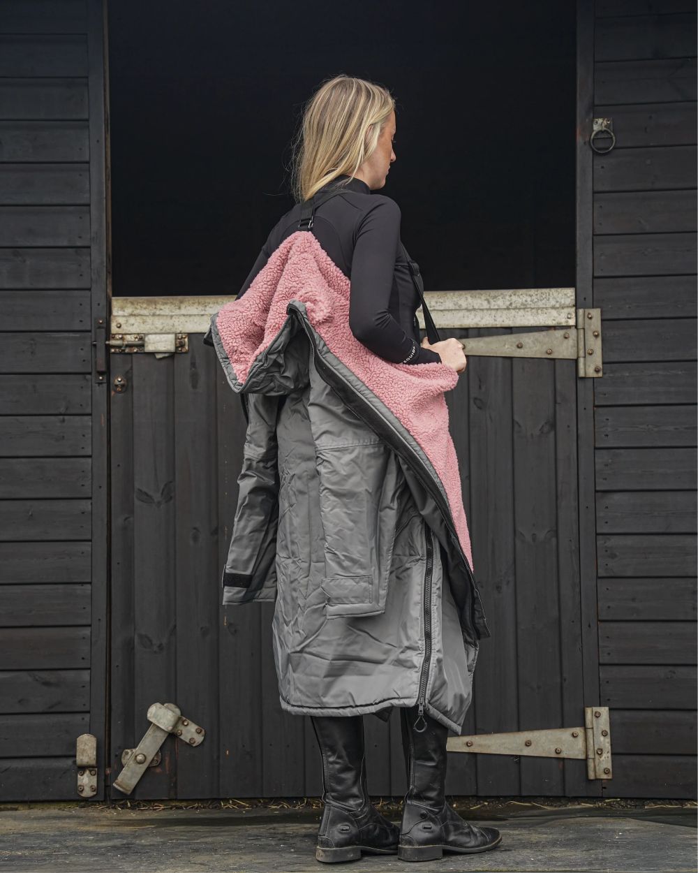 Charcoal Pink coloured Equidry Womens Original All Rounder Waterproof Coat on outdoor background
