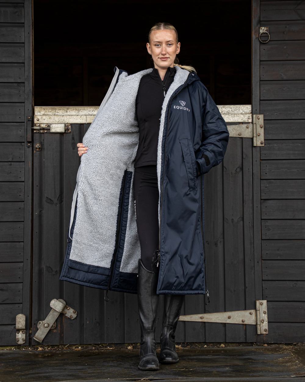 Navy Grey coloured Equidry Womens Original All Rounder Waterproof Coat on outdoor background