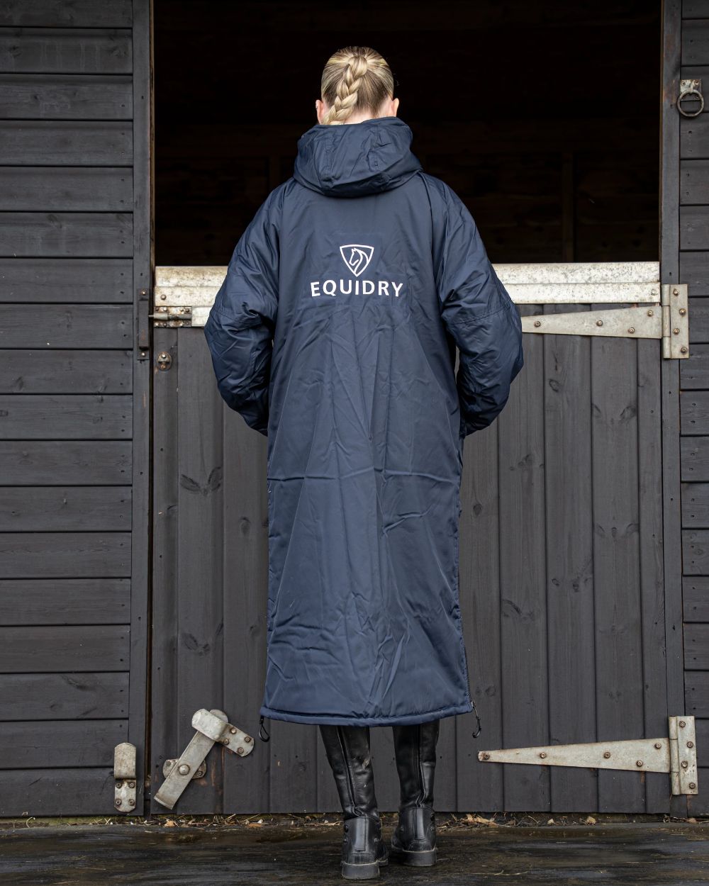 Navy Grey coloured Equidry Womens Original All Rounder Waterproof Coat on outdoor background